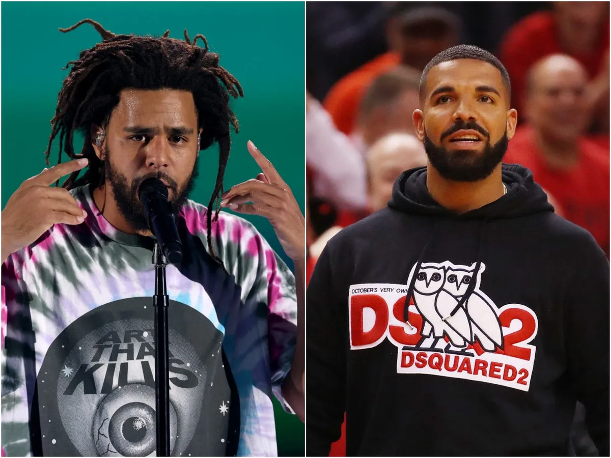 J Cole raps on Drake's 'Pipe Down' beat on new track as fans call it an  'effortlessly clever word play' | The Independent